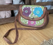 Vtg 70  s Hand Tooled Leather Purse Painted FLOWERS Handbag HIPPIE BoHo Bag