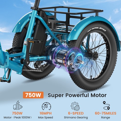 MOONCOOL 20 Inch Folding Fat Tire Adult Tricycle 6-Speed 3 Wheel Bike 750W Trike - Picture 3 of 13