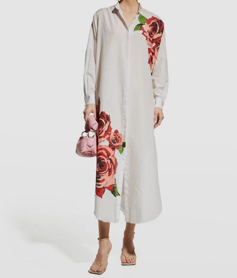 1390 Adam Lippes Women s White Rose Print Cotton Voile Caftan Dress Size M L