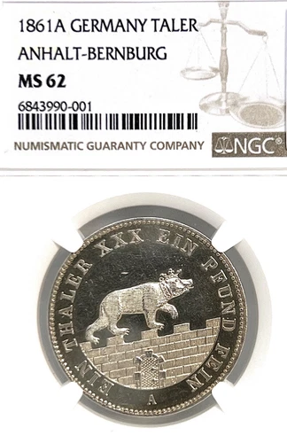 German States Anhalt-Bernburg 1861 Taler Coin Thaler NGC MS 62 VZ/STG MINING UNC