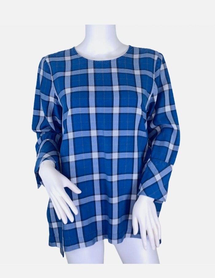J. Jill Blue Plaid Tencel Lyocell 3/4 Sleeve Top Crew… Gem