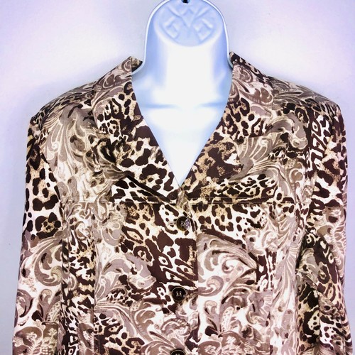 Chicos Womens Jacket sz 2 sz L Brown Animal Print Button Up Notch Collar - Picture 6 of 9