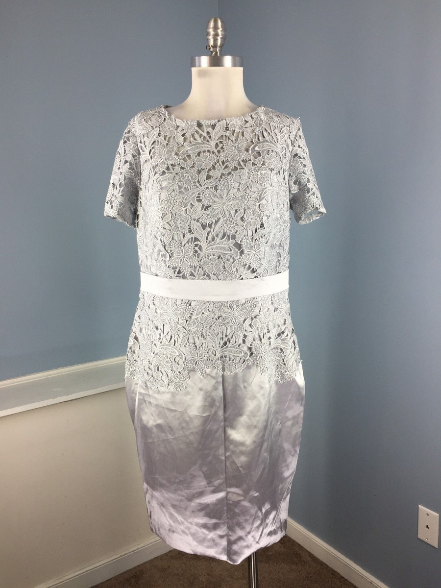 silver lace overlay dress New Silver Sheath Formal Party Lace overlay Dress Cap Sleeve Satin XL 12 14