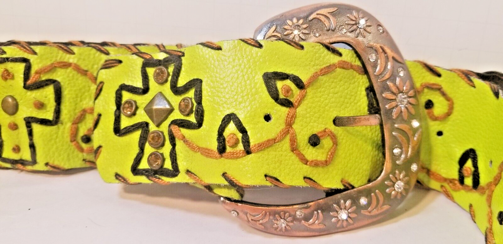 Bright Green Rhinestone Cross Embroidered Leather Belt with Bling Buckle Size L-image