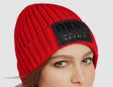  39 DKNY Women's Red Rib Knit Logo Patch Cuffed Fleece Lined Beanie Hat One Size