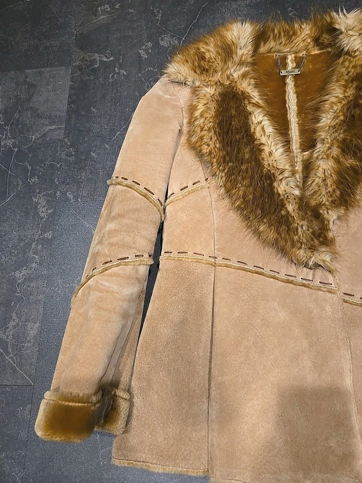 Winlit Leather Penny Lane  Patchwork Seam Faux Fur Trim Jacket Ladies Coat Sz M - Image 2 of 4