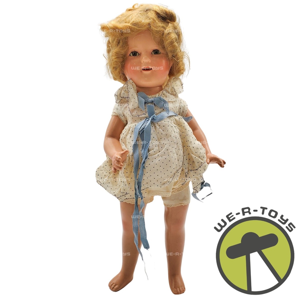Vintage Ideal 1930s Shirley Temple Composition Doll in Blue Polka