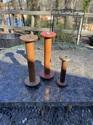 VTG Wooden Yarn Textile Mill Thread Bobbin Spindle Spools Set Of 3