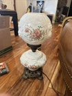 Vtg FENTON GWTW Globe Lamp Puffy Roses White Milkglass Pink Flower Brass Base