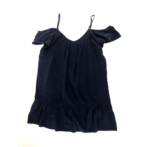 Joie Navy Blue Silk Drop Waist Ruffle Mini Dress Womens S Cold Shoulder - Picture 6 of 7