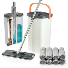 Flat Mop and Bucket with Wringer Set, Separates Dirty and Clean Water, 3-Cham...