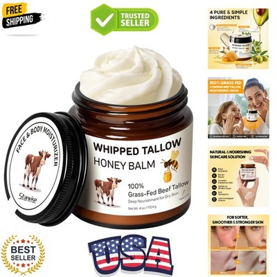 Beef Tallow for Skin, 100% Grass-Fed Whipped Beef Tallow and Honey Balm, Mois...