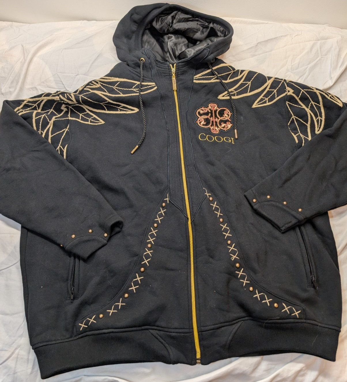 Coogi Full Zip Hoodie Black Gold Embroidered Crest Mens XXL Leaf Design