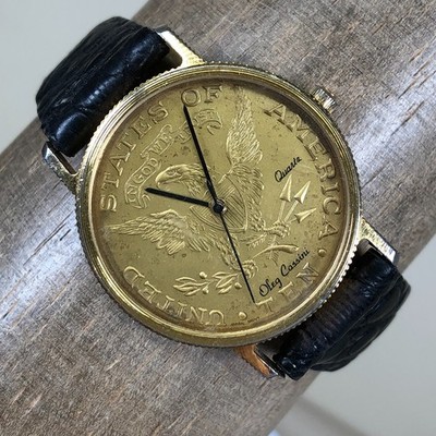 Vtg Oleg Cassini Unisex USA Ten Dollor Gold Coin Logo Quartz 31mm Watch 6 3/4''