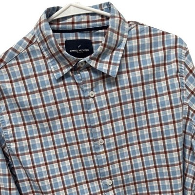 Daniel Hechter Paris Mens Medium Blue Brown Plaid Long Sleeve Button Down Shirt