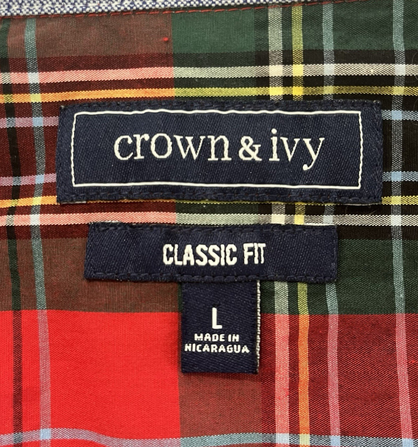 Crown & Ivy Men's Shirt L Red Green Plaid Button Down Stretch Long Sleeve Cotton