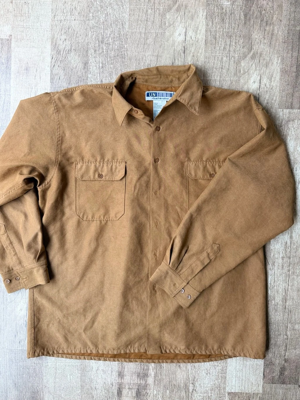 Vintage United "A Break From Tradition" Camel Faux Suede Button-Up Shirt / Over - product detail image 1