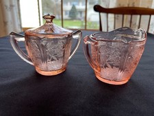 Vintage Jeannette-Cherry Blossom-Pink Depression Creamer  Lidded Sugar Bowl..A1