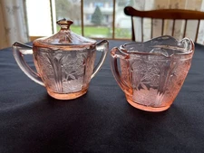 Vintage Jeanette-Cherry Blossom-Pink Depression Creamer & Lidded Sugar Bowl..A1