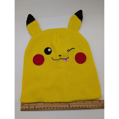 Official Pokemon Pikachu Beanie Hat Yellow Knit Winking Face 3D Ears Accessory