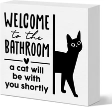 Funny Bathroom Decor Welcome to the Bathroom Wooden Box Sign Black Cat Sign for
