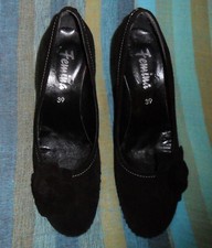 Vintage Black Suede Wedge SHOES, Retro Style w/ Flower From France, Sz 39 or 8.5