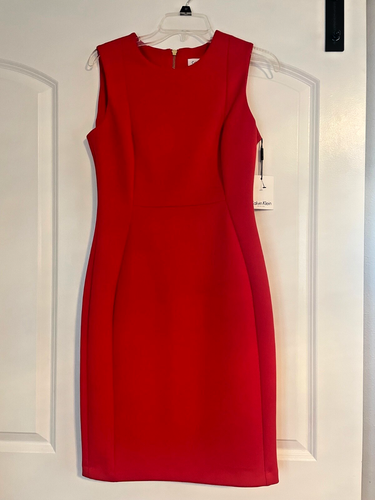 NWT Calvin Klein Women's 6 red Sleeveless Ruched Waist Sheath Dress business
