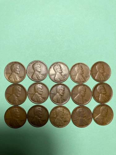 1925-PDS--1929-PDS LINCOLN WHEAT CENT PENNY SET, 15 COINS, MOSTLY FINE GRADE