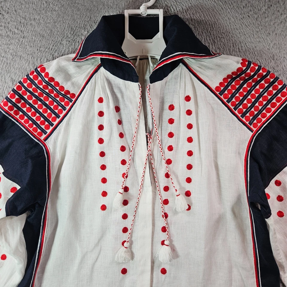 Camisa Top Vita Kin Mujer XS 100% Lino Bordada Botón a Presión Blanca Azul Marino Rojo Foto 2 de 4