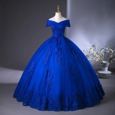 Royal Blue Off The Shoulder Lace Wedding Dress Appliques Beading Bride Vintage