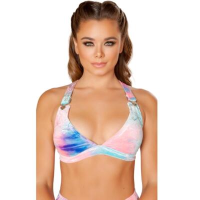 Velvet Crop Top Overall Style Straps Buckle Closure Blue Tie Dye Soft 3623 M/L