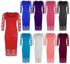 New Womens Bodycon Midi Dress Lace Floral Pencil Cocktail Party Evening Dresses