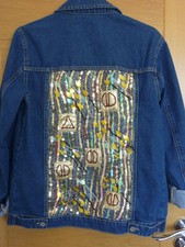 Klimt Inspired Denim Jacket Sequin Embellished Crazy Liberty Silk Lined Back S10