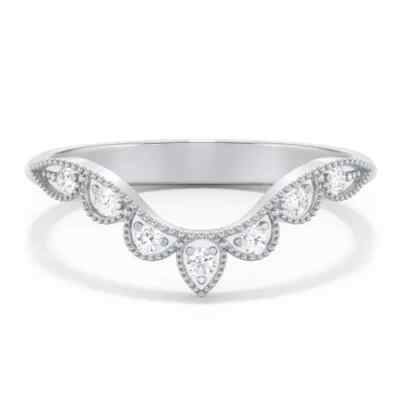Round Cut Lab Grown Diamond Chevron Shaped Milgrain Pattern 10K White Gold Band