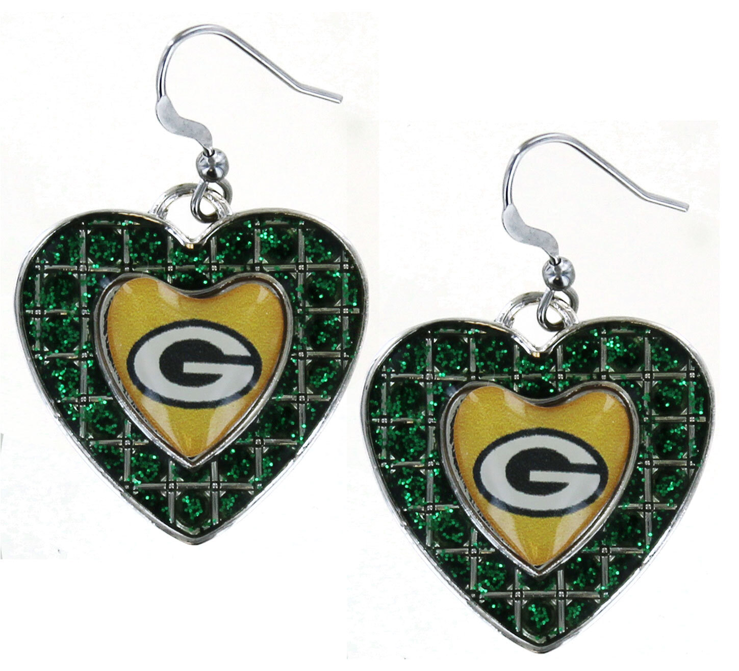 Серьги-сердечки из зеленого блестящего камня Green Bay Packers