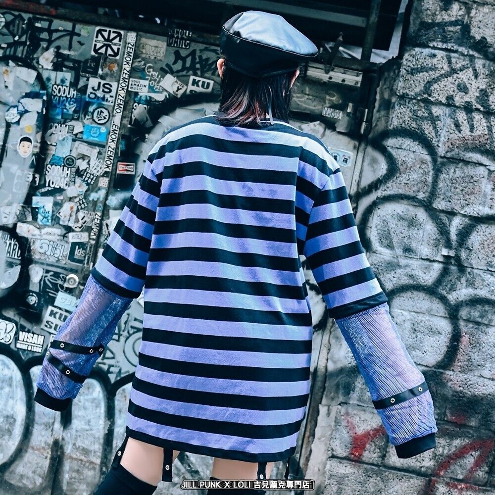 Y2K Punk Visual Kei Rock cross Charm unisex Striped 1/4 zip Y2K Punk Visual Kei Rock cross Charm unisex Striped 1/4 zip