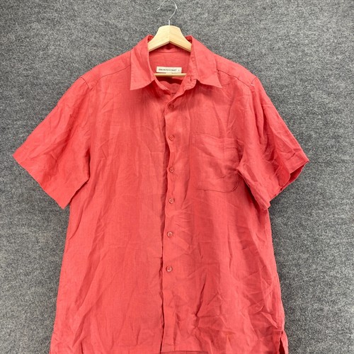 Pronto Uomo Shirt Men L Large Pink Button Up Collared Short Sleeve Linen Pockets - Picture 3 of 8