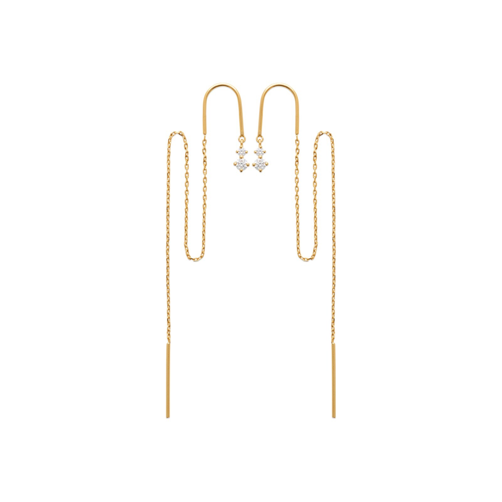 Boucles traversantes 2 trous plaqué or anti-allergie avec chaîne fine double zircon
