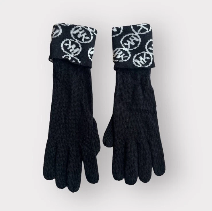 Michael Kors Gloves Circle MK Logo Monogram Knit Gloves Black White Gloves