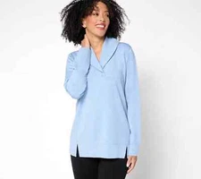 Denim & Co Actve Fleece Back Knit Top with Shawl Collar-Light Blue-Med-A677449