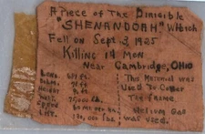 1925 USA Ohio Piece of Fabric from Wreck of USS Shenandoah Zeppelin Airship