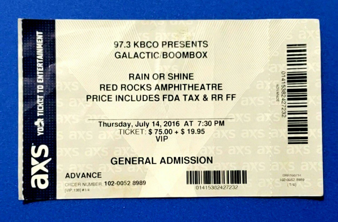 Galactic Boombox Ticket Stub July 14, 2016 Red Rocks Denver Colorado Concert