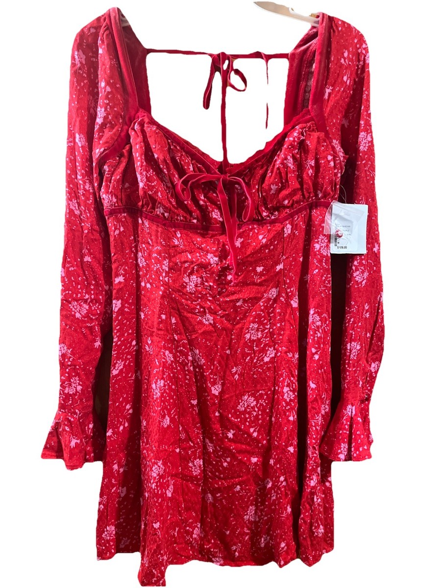 free people tess mini dress Free People Tess Floral Velvet Trim Mini Dress Red Pop M Boho Peasant  Milkmaid