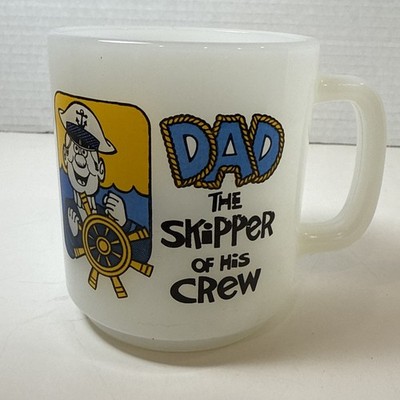Vintage Father Mug, Glasbake Milk Glass Coffee Cup Dad The Skipper of Crew USA
