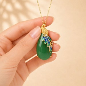 Authentic Peacock Green Jade Pendant Necklace Gold Plated Chain Dainty Jewelry Gemstone
