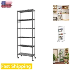 Black 6-Tier Freestanding Wire Rack, Space Saving, Industrial Wheels, Side Hooks