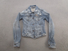 Hollister Womens Blue Denim Jean Jacket Cropped SZ S Distressed Pockets VTG Y2K