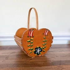 Vintage Wood Slat Heart Shaped Storage Basket w Handle Cottagecore Painted 13"