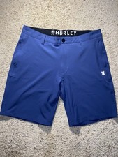 Hurley Mens 36 Blue Chino Golf Work Shorts Flat Front Solid Logo Button Pockets