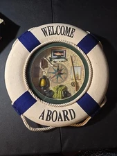 Vintage 11” Ship’s Blue & White Life Saver Nautical Clock-MISSING BATTERY COVER 